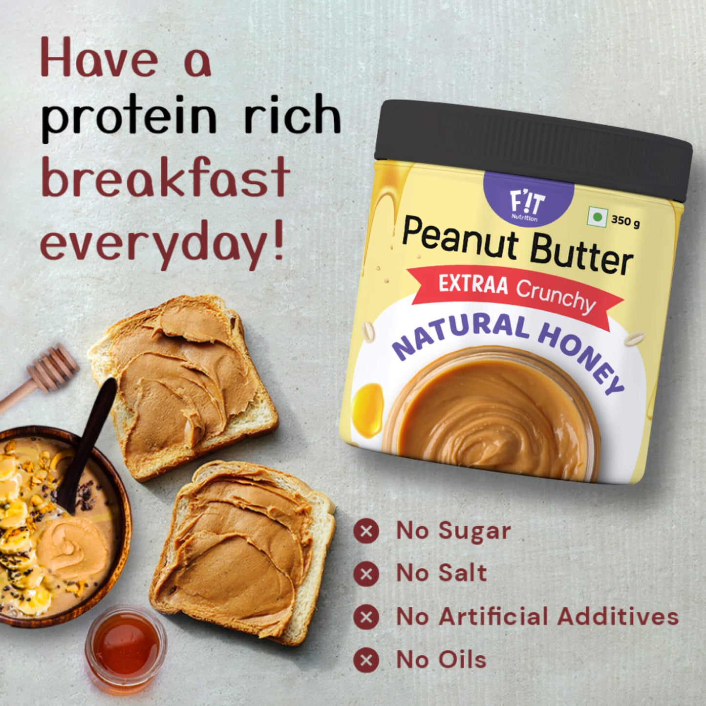 Natural Honey Peanut Butter EXTRAA Crunchy | No Sugar | No Salt | No Preservatives | Rich in Protein | Gluten Free | 350g(Growfitter)