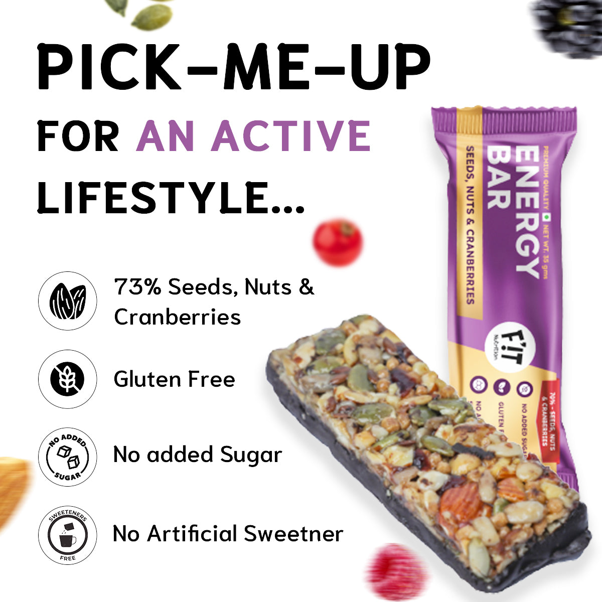 Premium Energy Bar | Seeds, Nuts & Cranberries(70%) | Pack of 1 | No Added Sugar | Protein & Fiber rich
