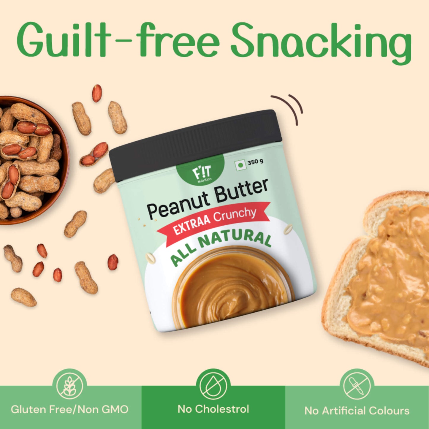 Natural (Unsweetened) Peanut Butter EXTRAA Crunchy | No Sugar | No Salt | No Preservatives | Rich in Protein | Vegan | Gluten Free | 350g
