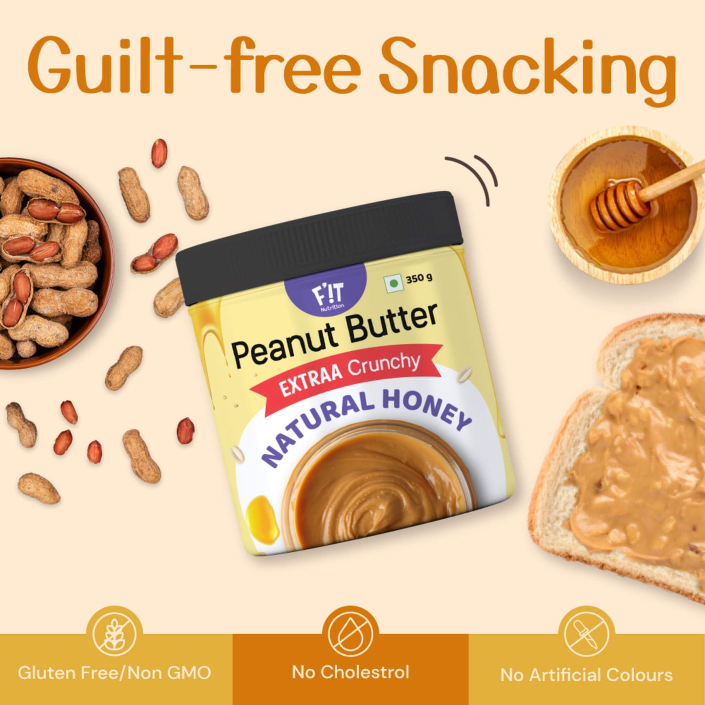 Natural Honey Peanut Butter EXTRAA Crunchy | No Sugar | No Salt | No Preservatives | Rich in Protein | Gluten Free | 350g