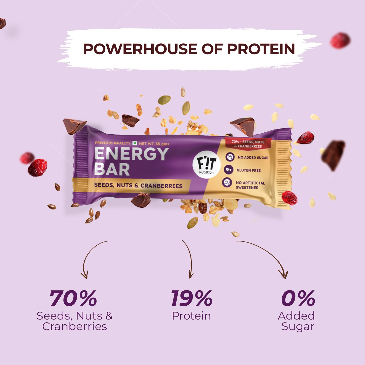 Premium Energy Bar | Seeds, Nuts & Cranberries(70%) | Pack of 4 | No Added Sugar | Protein & Fiber rich