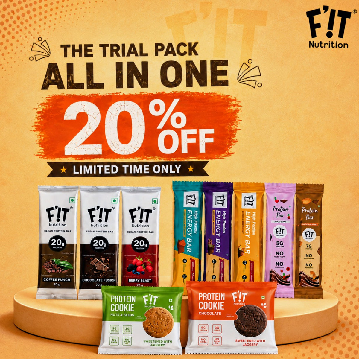 All in One Trial pack - 20g Protein Bars(3 pcs), Energy Bars(3 pcs), Mini Protein Bars(2 pcs) & Cookies(2 pcs)