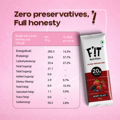 Berry Blast High Protein Bar - 20g Protein (Pack of 70gX10) | Made with 7 Simple Ingredients