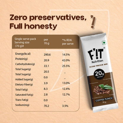 Coffee Punch 20g Protein Bar - Pack of 70g x 5 | Made with 8 Simple Ingredients - Pack of 5