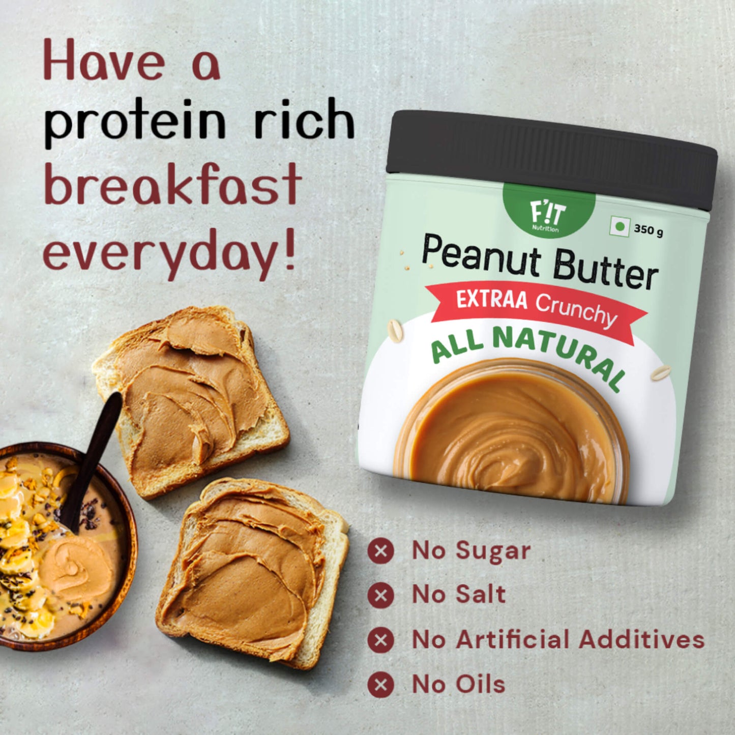 Natural (Unsweetened) Peanut Butter EXTRAA Crunchy | No Sugar | No Salt | No Preservatives | Rich in Protein | Vegan | Gluten Free | 350g