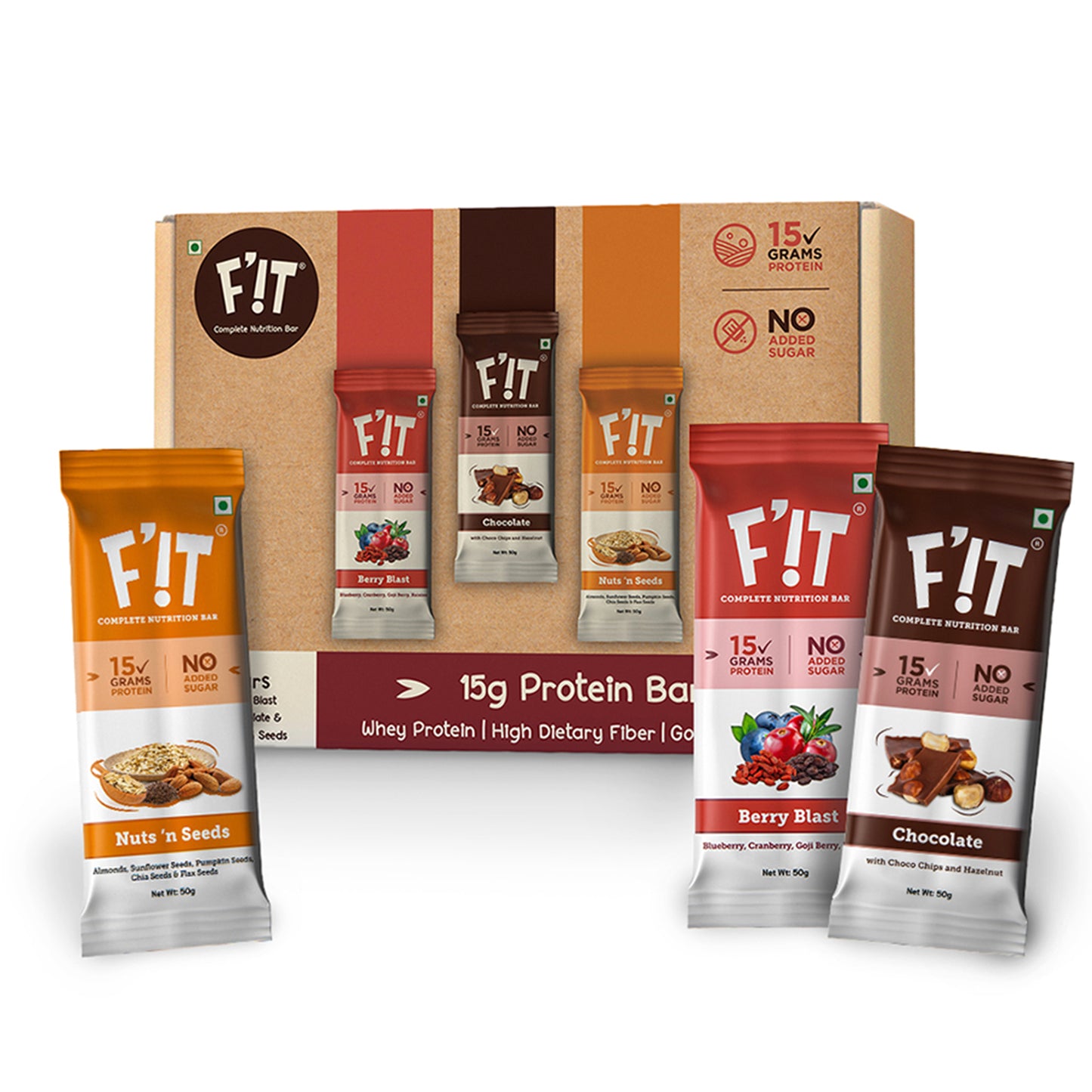 Assorted Whey Protein Bars Gift Hamper ( 2 Chocolate with Hazelnut| 2 Berry Blast| 2 Nuts N Seeds) F’iT Nutrition Bar